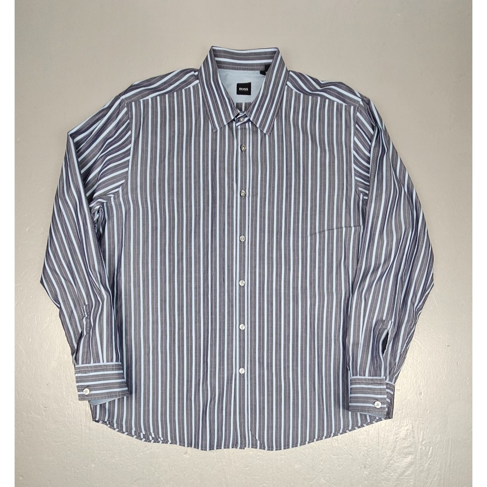 Hugo Boss Buttton Up Shirt Mens 3XL Striped Gray Purple Longsleeve Casual